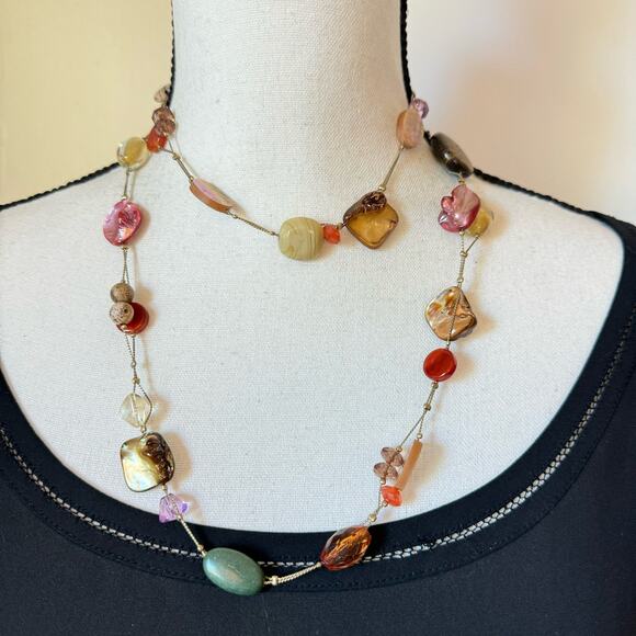 Lia Sophia Maggie Shell Gemstone Glass Bead Long Station Necklace Boho Beach 38” - Picture 3 of 14